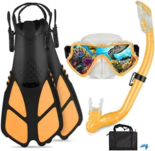 AosDero Kids Snorkeling Set - Adjustable Flippers + Panoramic Snorkel Mask + Dry Snorkel Tube + Travel Bags - Suitable for Kids & Juniors, Age 5-14