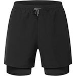 HOPLYNN Mens Running 2 in 1 Sports Shorts Breathable Outdoor Workout Training Shorts with Pockets Black M