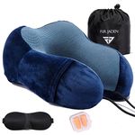 FUR JADEN Memory Foam Luxury Travel Neck Support Rest Pillow Eye Mask, Noise Isolating Ear Plugs Portable Combo (Navy)