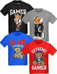 BROOKLYN VERTICAL 4-Pack Boys Short Sleeve Crew Neck T-Shirt with Chest Print | Soft Cotton Sizes 6-20 (Combo F, M-10/12)