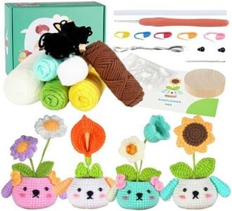 RoseFlower Crochet Kit for Beginners, 4 Pack Potted Plants Crochets Starter Kits with Step-by-Step Video Tutorials, DIY Craft Knitting Crochet Animals Set for Adult