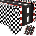 2 PCS Racing Car Plastic Tablecloths Car Theme Disposable Party Tablecloths Black Checkered Flag Table Covers Racetrack Rectangular Tablecloth for Boys Birthday Baby Shower Home Decor, 54 x 108 Inch