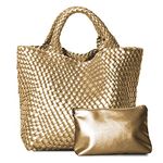 Dyalsa Woven Tote Bag for Women, Vegan Leather Handbag Large Summer Beach Bag and Purse Retro Handmade Travel Shoulder Bag (Gold)