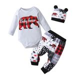 Newborn Baby Boy Clothes Infant Letter Cartoon Bear Print Romper Pants Hat 3PCS Outfit Set White 0-3 Months