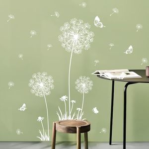 Supzone Dandelion Wall Stickers Flower Wall Decals Butterflies Flying Wall Decors Art Stickers for Bedroom Living Room Sofa Backdrop TV Wall Decor (White Dandelion)