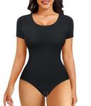 Junlan Bodysuit for Women Tummy Control Shapewear Thong Shaping Tank Top Round Neck Jumpsuits Short Sleeve T Shirts(Black,XL)