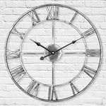 LENAUQ Silent Metal Skeleton Wall Clock, 40cm European Farmhouse Vintage Clock with Roman Numeral, Non-Ticking Battery Operated Hanging Wall Clock for Home Kitchen Cafe Hotel Office Decor(Silver)