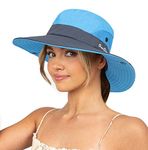 Sun Hat for Women Summer UV Protection Beach Hat Wide Brim Mesh Bucket Fishing Hat with Ponytail Hole Foldable Packable Hat, Blue, Medium