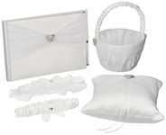 Darice VL441W 5-Piece Rhinestone Heart Guest Book Set with Pen Wedding Ring Pillow/Flower Girl Basket and 2 Garters, White