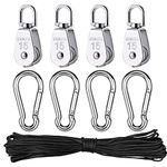 9 Pieces Single Pulley Block M15 Stainless Steel Rope Pulley with Carabiner Hook Clips for Crane -35kg/85lb