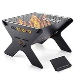 Odoland Camping Fire Pit, Portable Fire Pit for Camping, 2 in 1 Wood Burning Fire Pit Grill with Detachable Cooking Grate for Outside BBQ, with Carry Bag