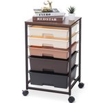 SYKIARIOL Utility Cart with 5 Drawer,Storage Drawer Cart with Wooden Tabletop and Lockable Wheels, 5 Drawer Rolling Cart with Large Capacity,Brown