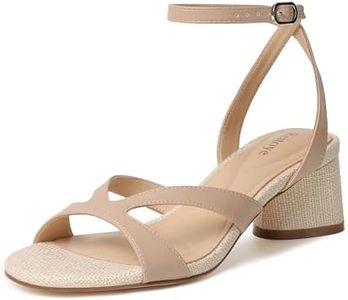 Reitoye Women's Chunky Nude Beige Heels Open Toe Woven Strappy Sandals Ankle Strap Low Block Heel Sandals Comfort Party Shoes Size 8.5
