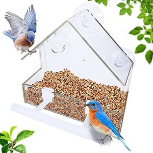 Window Bird Feeder, Bird House for Outside with 2 Rod, Small Acrylic Window Bird Feeder with Strong Suction Cups and Drain Holes 5.9 * 2.4 * 5.9 inch