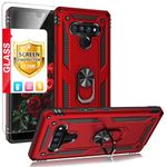 TJS Compatible with LG Stylo 6 Case, with [Tempered Glass Screen Protector][Metal Ring][Magnetic Support] Kickstand Heavy Duty Drop Protector Phone Case Cover (Red)