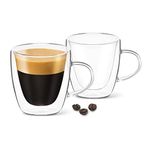 DLux Espresso Coffee Cups 80ml, Double Wall, Clear Glass Set of 2 3oz Glasses with Handles, Insulated Borosilicate Glassware Tea Cup