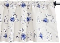 VOGOL Flower Embroidered Kitchen Curtains Valance, Light Filtering Decorative Valance for Bathroom, Short Rod Pocket Drapes for Living Room, W42 x L18 Inch, 1 Panel, Blue