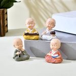 Collectible India Buddha Monk Set of 4 Statue Figurines Home Decor Items, Decorative Items for Home, Showpiece Cute Mini Idol for Car Dashboard Table Top Decoration Item Living Gift (Type 2)