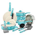 GreenLife Soft Grip Healthy Ceramic Nonstick 16 Piece Kitchen Cookware Pots and Frying Sauce Saute Pans Set, PFAS-Free with Kitchen Utensils and Lid, Dishwasher Safe, Caribbean Blue