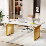 Tribesigns Computer Desk, 160 x 80 x 75 cm, Modern PC Table, Office Table, Work Table, Dining Table with Golden Metal Frame for Home Office, Desks, Conference Table, White & Gold, C0888