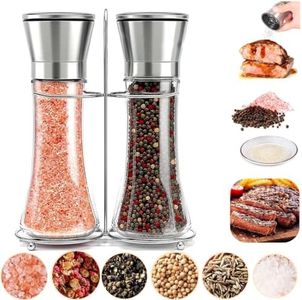 Deyagoo 2 Piece Salt and Pepper Mill, Spice Hand Mill, Adjustable Coarse and Fine Spice Mills, Salt and Pepper Spice Filler Bottle, Table and Kitchen Glass Pepper and Salt Mill Shelf Set (Glass)