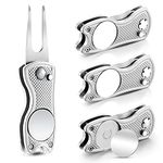 Skylety 4 Pieces Golf Divot Repair Tool with Magnetic Button Ball Marker Divot Tool Stainless Steel Foldable Switchblade Golf Green Divot Tool for Golfers Golf Prizes(Silver)