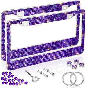 Bling License Plate Frames for Women 2 Pack, Rhinestone Crystal License Plate Cover with Bolts Washer Caps Univerasl Bling Car Accessories for Girls (Purple)