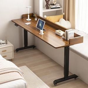 Electric Over The Bed Table with Baffle, Overbed Table with Wheels Adjustable Height, Queen Size Mobile Over Bed Desk, Heavy Duty Metal Leg, Wood Laptop Cart Computer Desk for Bedroom, Living Room