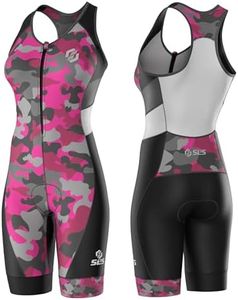 SLS3 Triathlon Suits Women – Sleeveless Trisuit Women - Premium FX Fabric, Tri Suit Womens Triathlon Suit, No Shelf Bra (Pink Sangria Camo, X-Large)