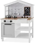 Best Choice Products Farmhouse Play Kitchen Toy, Wooden Pretend Set for Kids w/Chalkboard, Marble Backdrop, Windows, Storage Shelves, 5 Accessories Included - Beveled White