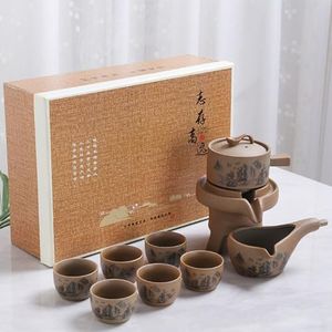 Chinese Gongfu Tea Gift Set, Semi-Automatic Stone-Mill Design Ceramics Tea Set Rotate TeaPot 6 Cups for Adults Men Women Tea Ceremony Party Home Office Decor (landscape)