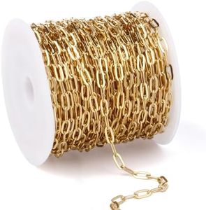 33FT 18K Gold PVD Plated Paperclip Chains Roll, 3.3mm Gold Stainless Steel Oval Link Chains Spool Bulk for DIY Jewelry Making Necklace Bracelet