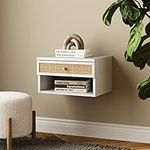 Nathan James Jackson Wall Mounted Rattan Floating Bedroom Nightstand with Storage Drawer and Modern Open Shelf Cubby, White/Rattan