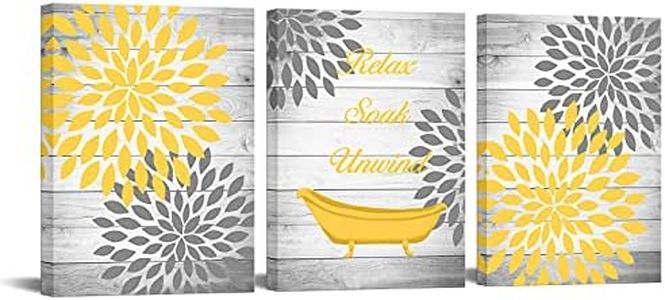 RyounoArt 3 Pieces Yellow Gray Bathroom Wall Art Prints Dahlia Flowers Relax Soak Unwind Signs on Rustic Wood Background Canvas Picture Stretched and Framed for Bedroom Living Room Ready to Hang