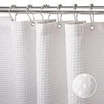 Waffle Weave Shower Curtain with Stainless Steel Hooks - 256 GSM Heavy Duty Fabric Bath Curtains, Hotel Luxury Quality, Water Resistant, Machine Washable, Weighted Hem, 72 x 72 Inches (White)