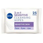 NIVEA 3in1 Sensitive Cleansing Wipes (25 Wipes), Plant-Based Makeup Remover Wipes, Face Wipes for Sensitive Skin, Gentle yet Effective Makeup Removal