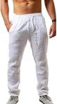 MorwenVeo Men's Linen Pants Casual Long Pants - Loose Lightweight Drawstring Yoga Beach Trousers Casual Trousers - 6 Colors, White, Large