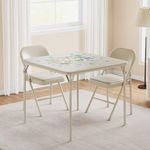 Folding Portable Card Table and Foldable Chair Set of 3, Pu Upholstered Foldable Chairs and Table With Metal Frame, Folding Table and Chair Suitable for Dining Room, Living Room, Office, Camping-Beige