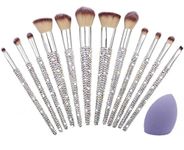 LuxBlingz Diamond Crystal Rhinestone Makeup Brush Set W/Gift Box & Cosmetic Sponge Bedazzled Bling Glitter Brushes set 13PC