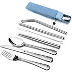 HaWare 9 Piece Individual Portable Hammered Cutlery Sets, Stainless Steel Camping Travel Cutlery Set for 1 with Knife, Fork, Spoon, Chopsticks, Cleaning Brush, Straws, Portable Case & Bag （Blue