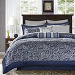 Madison Park Cozy Comforter Set, Faux Silk Jacquard Paisley Design, Polyester, Navy Biab 12pcs, Queen