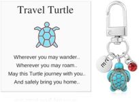 Travel Turtle Keychain, Cute Turtle Keyring with Red Gemstone & Encouragement Card Creative Name Initials Sea Turtle Pendants Good Luck Key Chain Gift for Family Friends (E)