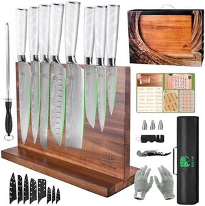 FULLHI 15pcs Japanese Knife Set with Magnetic Knife Block Holder, Stainless Steel Blades, White Resin Ergonomic Handles for Professional and Home Cooking