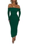 PRETTYGARDEN Women's Fall Off Shoulder Maxi Bodycon Dress Long Sleeve Ruched Sexy Club Dresses with Slit (Green,Medium)