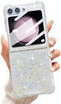 UEEBAI Case for Samsung Galaxy Z Flip 6/Z Flip 5 5G, Pretty Bling Glitter Case for Women Cute Shiny Sparkle Phone Case for Girls Bling Stars Cover Four Corner Shockproof Slim Fit Flip Case - White