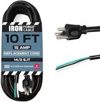 Iron Forge Cable 14 AWG Replacement Power Cord with Open End - 10 Ft Black Extension Cable, 14/3 SJT, NEMA 5-15P