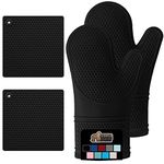 Gorilla Grip Heat Resistant Waterproof Silicone Oven Mitt and Pot Holder 4 Piece Set, Includes 2 Soft and Flexible Cooking Mitts and Trivet Mats, Gloves and Potholders for Use on Hot Surfaces, Black