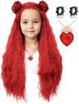 AMZCOS Kids Long Wavy Red Wig with Braided Hair Buns Wigs for Girls Cosplay Halloween Costume Party Including Necklace and Ear Clips (Kids)