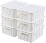 Obstnny Plastic Woven Storage Basket with Lid, Small Kitchen Cupboard Baskets, White, Set of 6