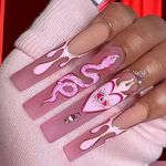 JUSTOTRY 24 Pcs Diamante False Nails Long with Snake,Pink Matte French Press on Nails Patterns,Ballerina Stick on Nails for Women,Acrylic Coffin Fake Nails Medium for Nail Art